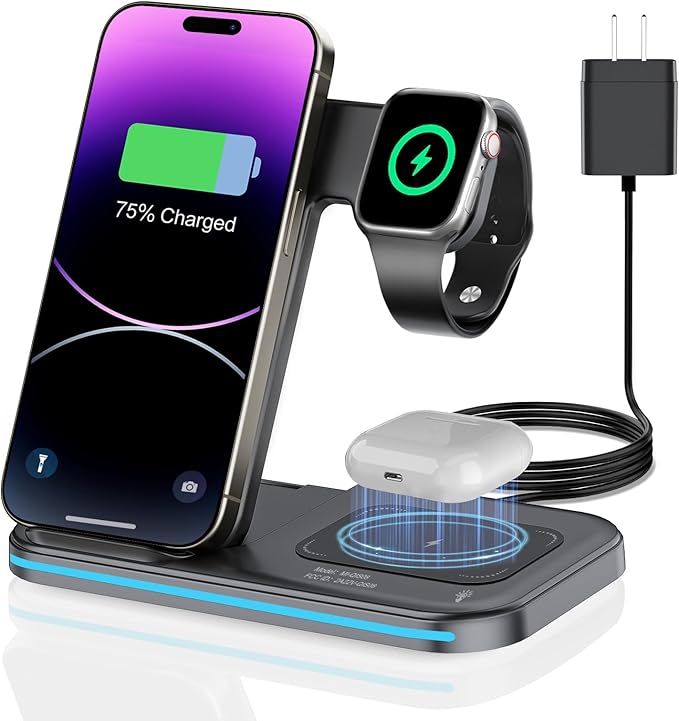 3 in 1 Charging Station Wireless Charger lPhone Foldable Charging Stand for Multiple Devices with Quick Charger for lPhone 16/15/14/13 Pro Max Watch AriPods Pro 2