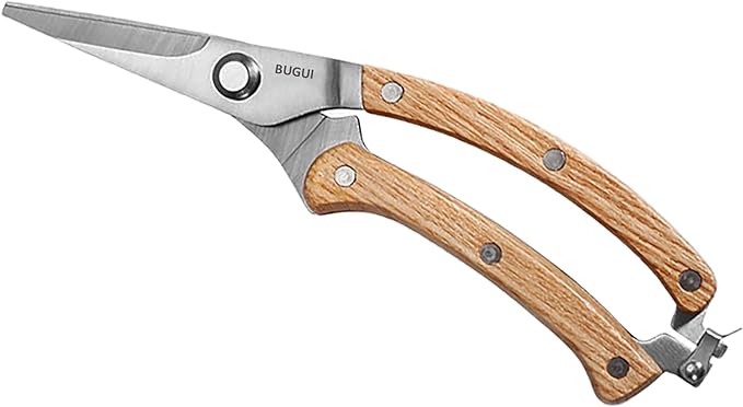 BUGUI Wood Handle Garden Shears, Long Straight Tip, All Steel Construction, Sharp, Well Designed Garden Scissors, 8"