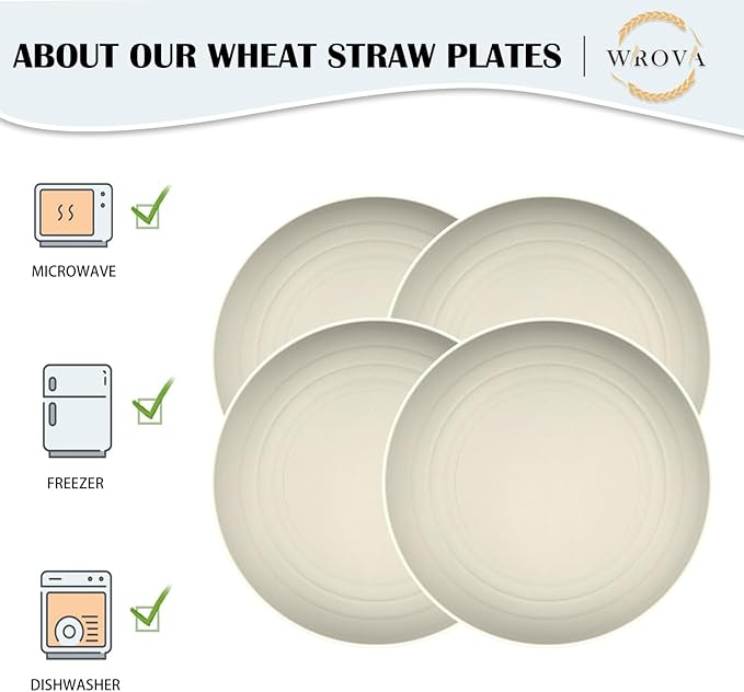 Large Wheat Straw Dinner Plates - 11 Inch Set of 8 - Unbreakable, Dishwasher & Microwave Safe - Deep Edge for Kitchen & Camping (Beige)