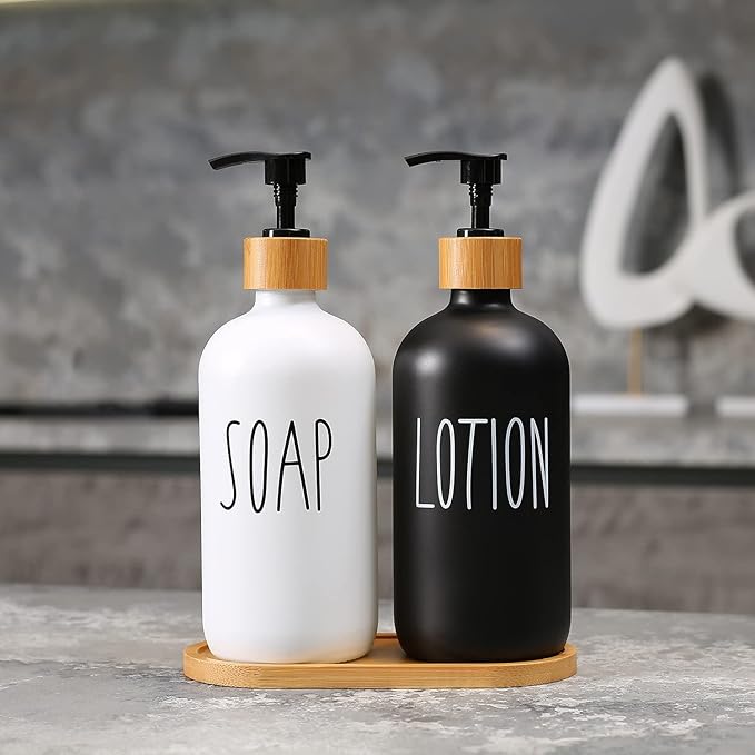 MOMEEMO Soap Dispenser Bathroom Set with Hand and Lotion Dispenser, Suitable for Bathroom Decor. (Black & White)