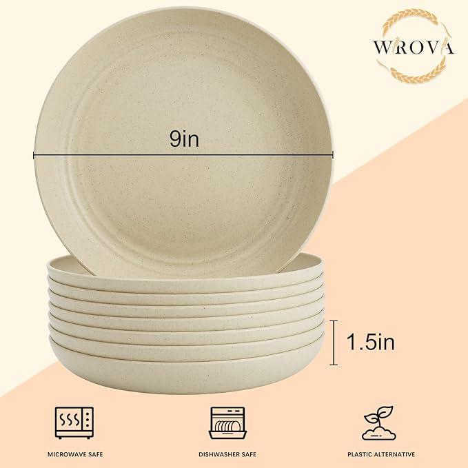 Wheat Straw Plates - 9 Inch Unbreakable Dinner Plates Set of 8 - Dishwasher & Microwave Safe Plastic Plates Reusable - Lightweight Plates for kitchen,R.V. (Beige)