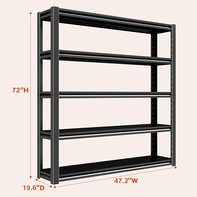 72" H Garage Shelving, Heavy Duty Storage Shelves, 3000LBS Steel Shelving, 5-Tier Adjustable Metal Shelf Units for Industrial, Warehouse, Basement (H72'' W47.2'' D19.6'')