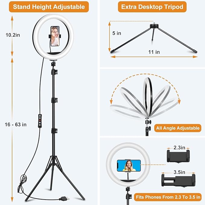 10.3" Selfie Ring Light with Stand and Phone Holder, Desk Tripod, 29 RGB Lighting Modes, Remote for iPhone &Android Camera. LED Halo Light for Photo, Video Recording, TikTok. Circle Ringlight Dimmable