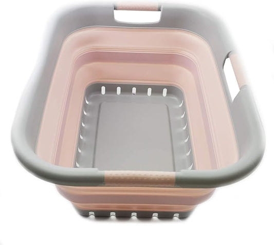SAMMART 41L Collapsible Plastic Laundry Basket - Foldable Pop Up Storage Container/Organizer - Portable Basket - Space Saving Hamper/Basket (3 handled rectangular, Grey/Pink)