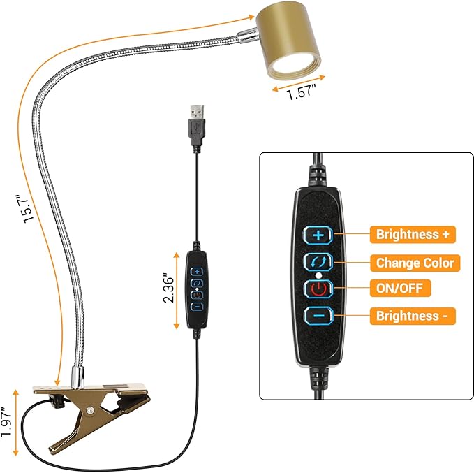3 Modes & 10 Brightness Clip-on Reading Light - Desk Lamp with Memory Function & 360 Gooseneck Clamp for Bed Headboard