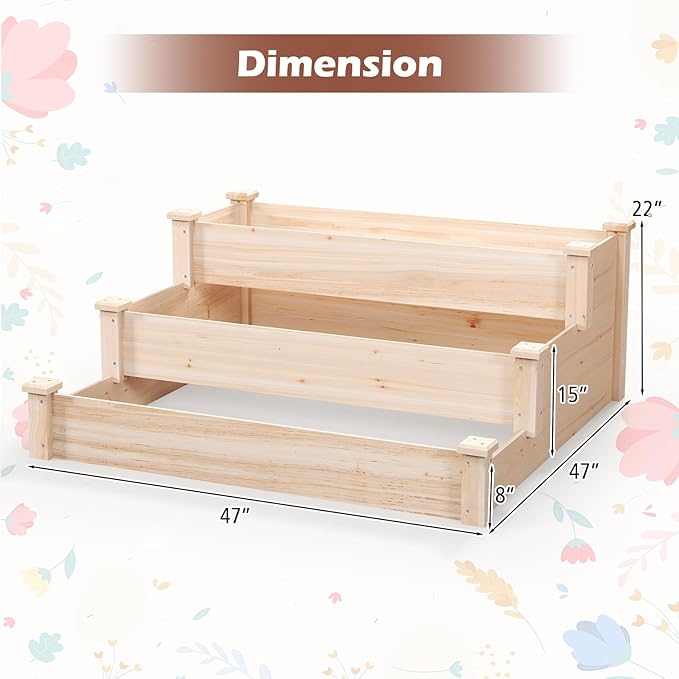 Giantex 3-Tier Raised Garden Bed, Tiered Planter Box w/Open-Ended Base, Fir Wood Elevated Raised Beds for Gardening, Vegetable Flower Herb Fruit, Perfect for Patio, Lawn, Backyard