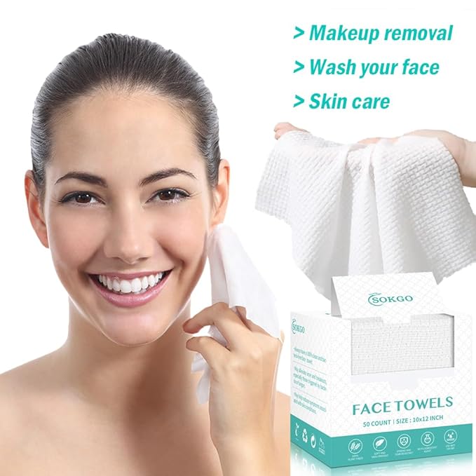 Disposable Face Towels, Facial Cleansing Cloths, Extra Soft Makeup Removing Cleansing 10"×12" Face Towelettes, Skin Care and Makeup Removal, 103% Pure Plant Fiber