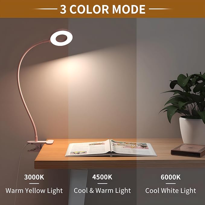 iZELL Desk Lamp, [3 Color Modes & 10 Brightness] LED Reading Light with Clamp, Flexible Gooseneck Book Light for Kids Reading Book in Bed at Night Clip on Table, Headboard, Dorm - 15.8‘’ Pink