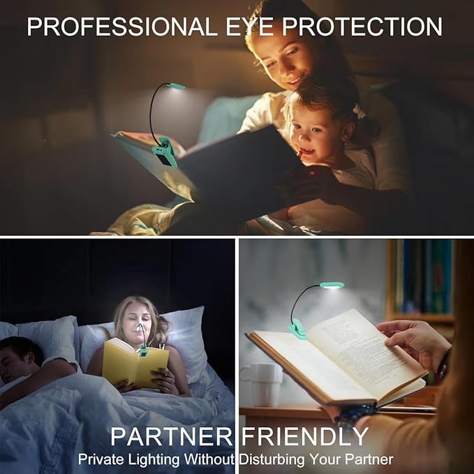 BIGMONAT Rechargeable Book Light for Reading,Eye Care Reading Lamp in Bed with Brightness Adjustable, Lightweight Clip 360°Rotary Night Lighting Neck for Kids, Book Lovers (Blue,2Pack)