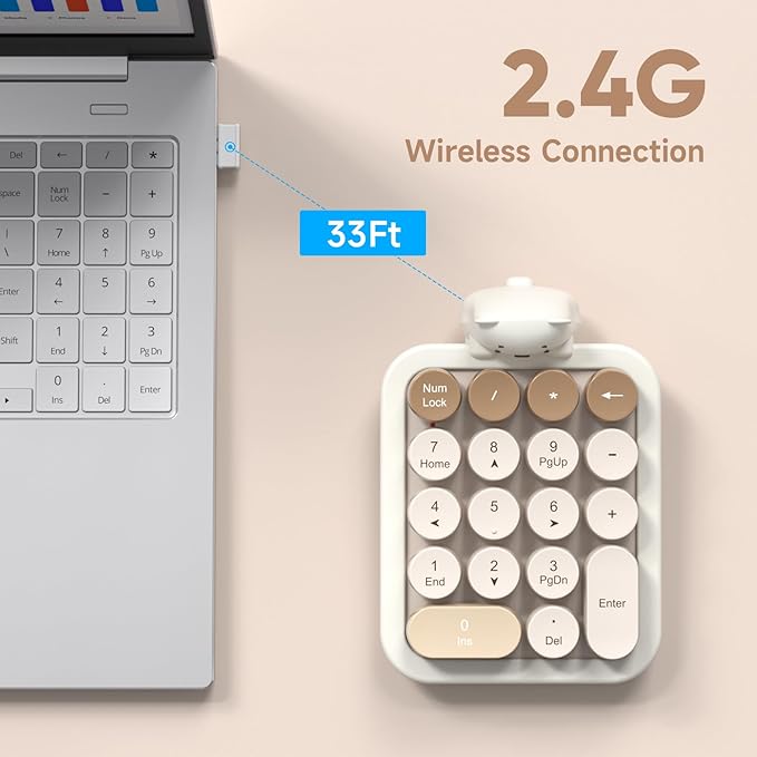 MOFII Wireless Number Pad with Bear - Mixed Milktea Numeric Keypad 18 Keys 2.4G Round Keycap Colorful Extensions Cute Numpad, Portable Accounting Financial Retro Numpad 10 Key for Laptop/PC/Notebook