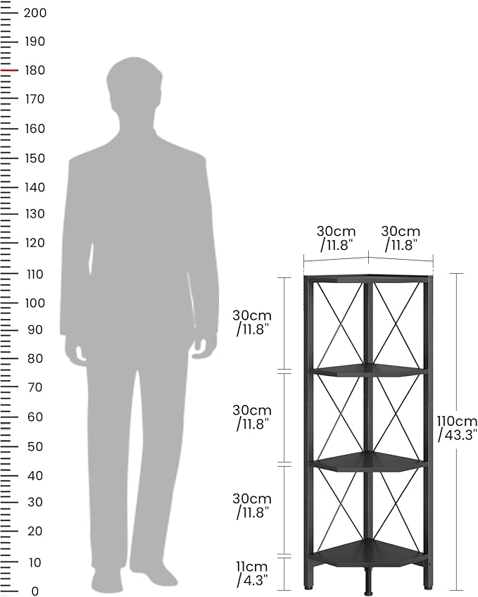4-Tier Corner Shelf, Corner Bookcase, 43.3" Tall Vertical Display Rack, Plant Stand, Open Storage Shelf, for Living Room, Bedroom, Study, Kitchen, Black TCJ14BB