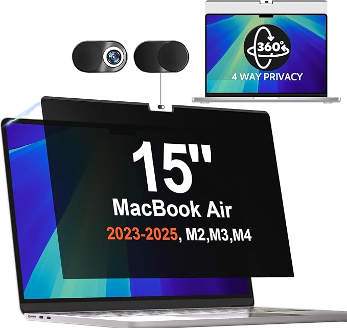 Magnetic 360° Privacy Screen for Macbook Air 15 Inch (2023-2025, M2, M3, M4)), Removable Anti Glare Blue Light Filter, 4 Way Anti Spy Black Protector for Mac Air 15In Laptop Computer