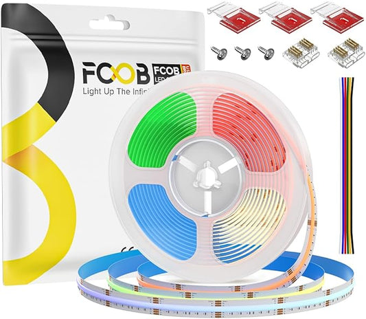 COB RGBCCT LED Strip Lights 16.4FT RGB + Tunable White 3000K-6000K, 24V Flexible High Density Strips 840LEDs/m, Cuttable 12mm Width Tape Light for Bedroom Kitchen Cabinet (No Power/Controller)