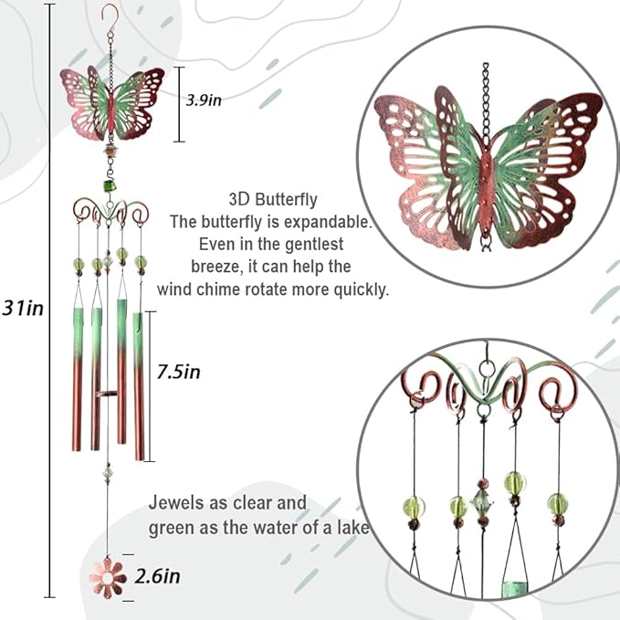 31in Retro Butterfly Wind Chimes for Outside,Butterfly Gifts for Women Mom Grandma Women Birthday Thanksgiving Christmas Mothers Day，Housewarming Gifts for Garden Porch Patio Home Decor