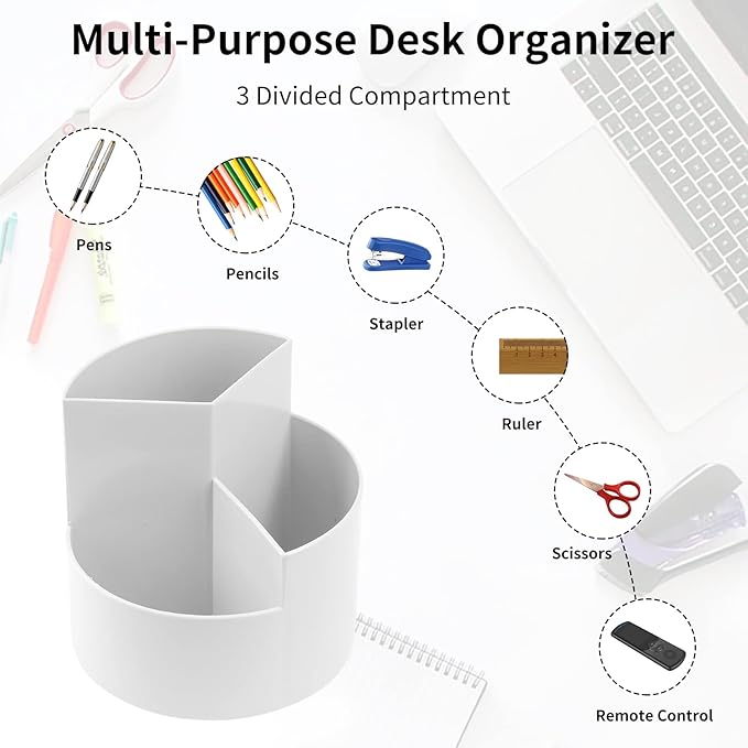 Desk Pencil Pen Holder, 3 Slots 360-Degree Spinning Organizers, Desktop Storage Stationery Supplies, Cute Cup Pot for Office, School, Art Supply, Kids - Gray