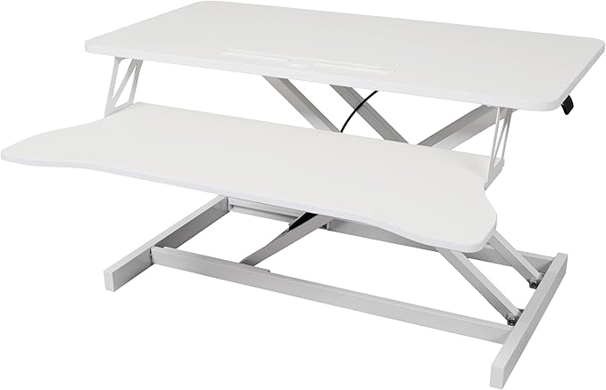 32 Inch Height Adjustable Stand Up Laptop Desk Converter, Heavy Duty Standing Computer Workstation Riser with Removable Keyboard Tray for Home Office Workshop, Spacious Platform for Monitor, White