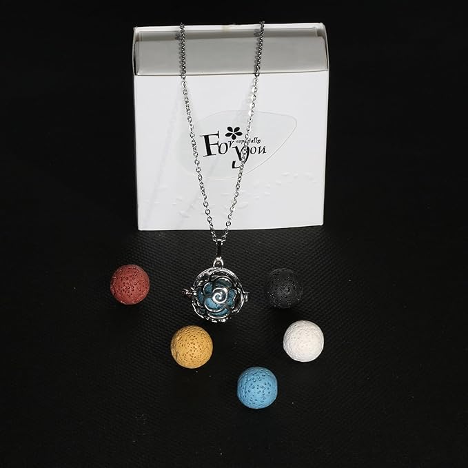 2PCS Essential Oil Diffuser Necklace Aromatherapy Lava Bead Stone Little Love Heart and Hollow Ball Locket Necklace Pendant with for Women