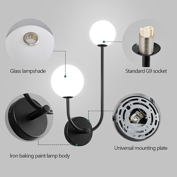 Milk Glass Wall Sconce Black Wall Sconces Mid Century Modern Sconces Wall Lighting 2 Light Globe Sconce for Bedroom Living Room Hallway Wall Light Fixtures