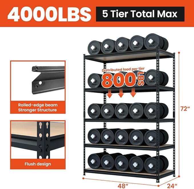 4000LBS Storage Shelves 5 Tier Garage Shelving Heavy Duty, Adjustable Metal Shelving Unit, Garage Shelves for Basement, Warehouse, Pantry, Closet, Kitchen 72" H x 48" W x 24" D, Black