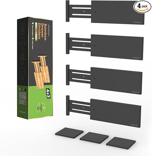 ANTOWIN 4 Pack Expandable Drawer Dividers, 4.7'' High, Extend from 12.2'' to 17.7'', Dresser Drawer Organizers, Bamboo Separators for Kitchen, Bedroom, Office, Bathroom (Black)