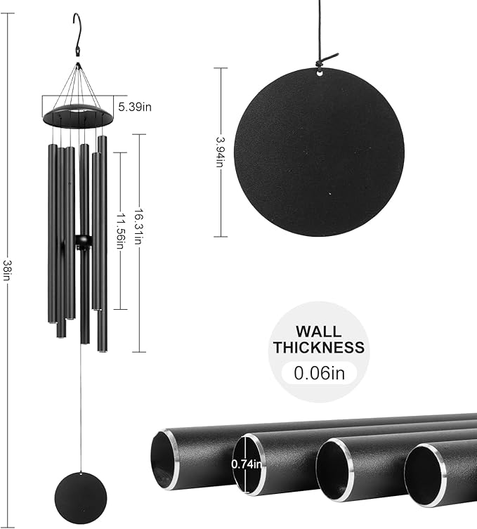 Wind Chimes for Outside, 38-Inch Simple Metal Wind Chimes Deep Tone with 6 Thick Aluminum Tubes – Ideal Gift for Mom or Grandma, Perfect for Garden, Patio, or Backyard Decoration (Black)