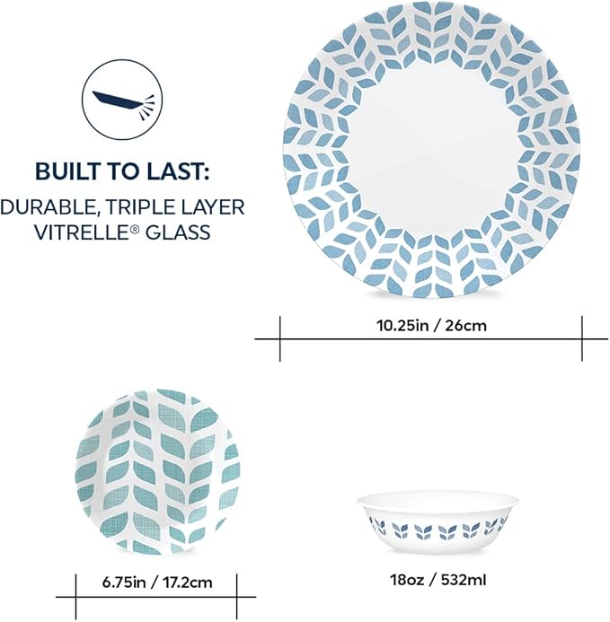 Corelle Global Collection Vitrelle 18-Piece Dinnerware Set Triple Layer Recycled Glass, Lightweight Eco-Friendly Round Plates and Bowls Set, Northern Pines