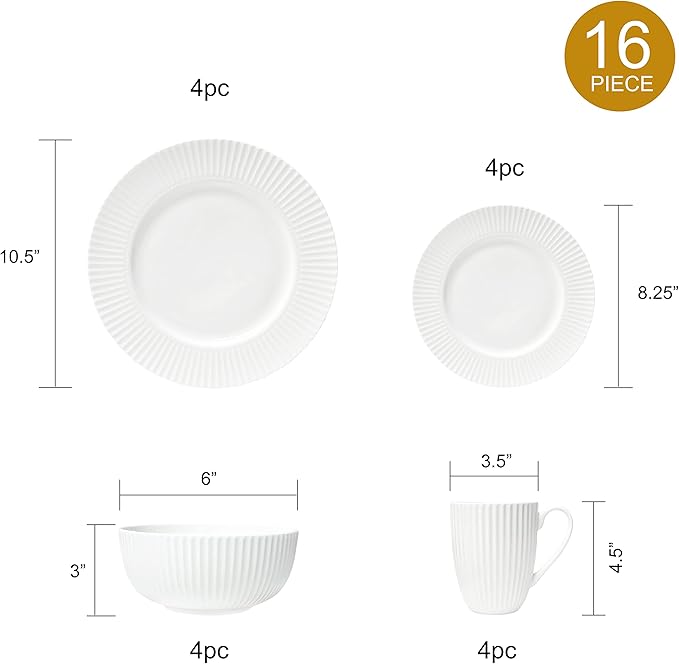 Dinnerware, 16 Piece Set Bone China, Service for 4, White Embossed stripe Dishes, Microwave Safe, Chip Resistant, Dishware, For Formal Casual and Everyday Living, Plates and Bowls Set