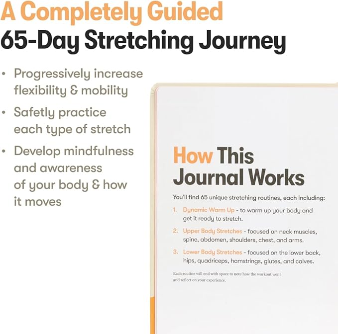 The Stretching Sidekick Journal by Habit Nest. Guided Stretching Routines to Keep You Flexible, Energized, and Live Comfortably. 66 Stretching Routines that only take 15-20 mins a day. Turn Motivation