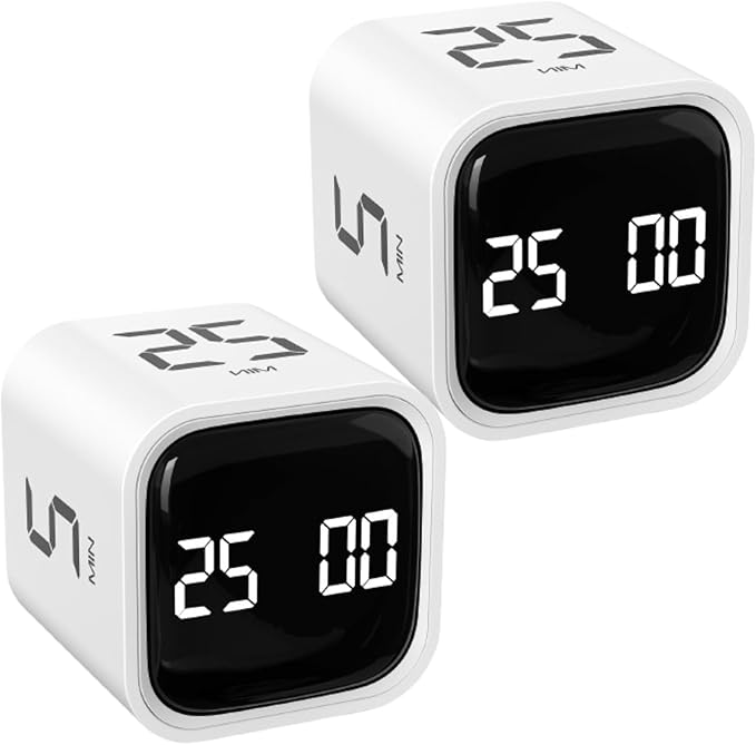 Rotating Pomodoro Timer 5, 25, 10 50 Minutes Preset, Desk Productivity Flip Timer, Cube Countdown Stopwatch for ADHD, Vibration/High/Low Volume, for Work, Study, Back to School, Kitchen, 2 White