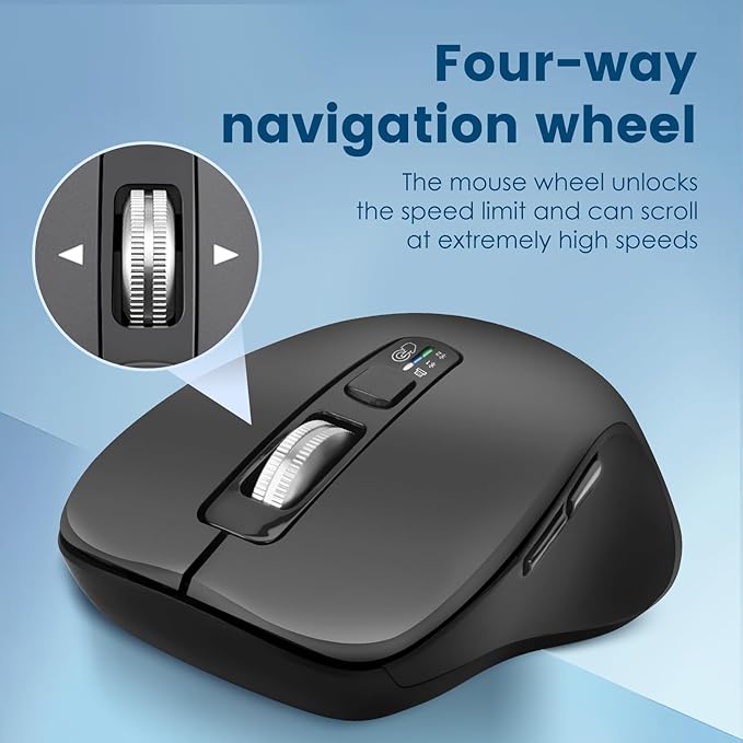 Wireless Bluetooth Mouse (USB + BT1 + BT2), Full Size, 4-Way Scrolling, Multi-Device Silent Mouse for Computer, Laptop, iPad, MacBook (Grey)