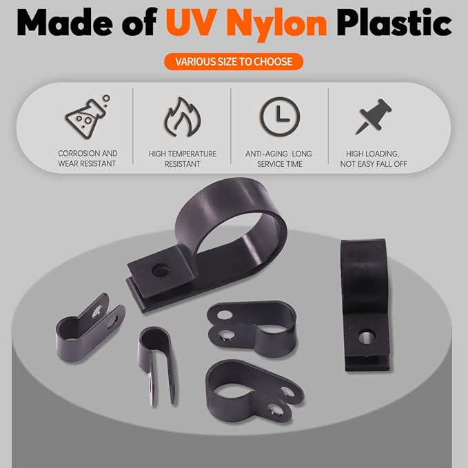 135 Pcs 6 Size Black Nylon R-Type Cable Clamp Clips Fasteners Assortment kit with Mounting Screw and 135 Pcs Screws Organizer Cord Clips for Wire Management