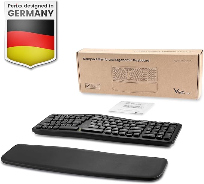 Perixx PERIBOARD-636B US, Wireless Ergonomic Compact USB Keyboard - Wireless 2.4G Technology - Build-in Number Pad - Detachable Wrist Rest - - Silent Typing - Black