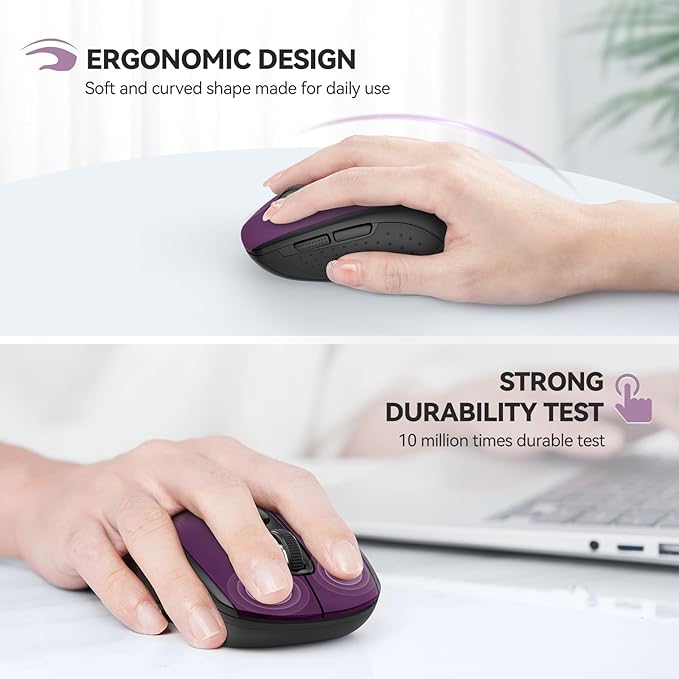 TECKNET Bluetooth Mouse, 4000DPI Wireless Mice for Laptop 2-in-1(BT 5.0/3.0+2.4Ghz) Computer Mouse with USB Receiver for Mac (USB-A/C+Bluetooth, Purple)