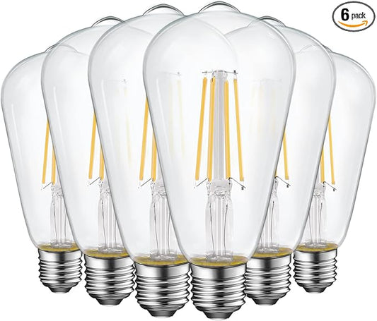 Energetic ST19 Vintage LED Edison Bulbs, 60 Watt Equivalent, ST64 LED Filament Bulbs, CRI 95+, Daylight 5000K, Non-Dimmable, E26 Standard Base, 6 Pack
