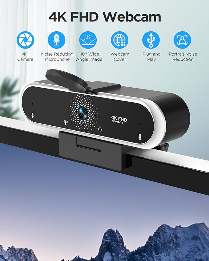 Webcam 4K with Microphone and Webcam Cover Plug and Play with Auto Light Correction for Laptop PC Desktop for Live Streaming Video Call Conference