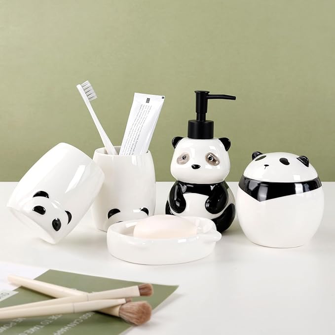 Bathroom Accessory Set 5PCS, Ceramic Bathroom Accessories Set, Cute Panda Bathroom Accessories Sets Complete, Home Apartment Modern Bathroom Decor Vanity Countertop, ANTIS'S HOME