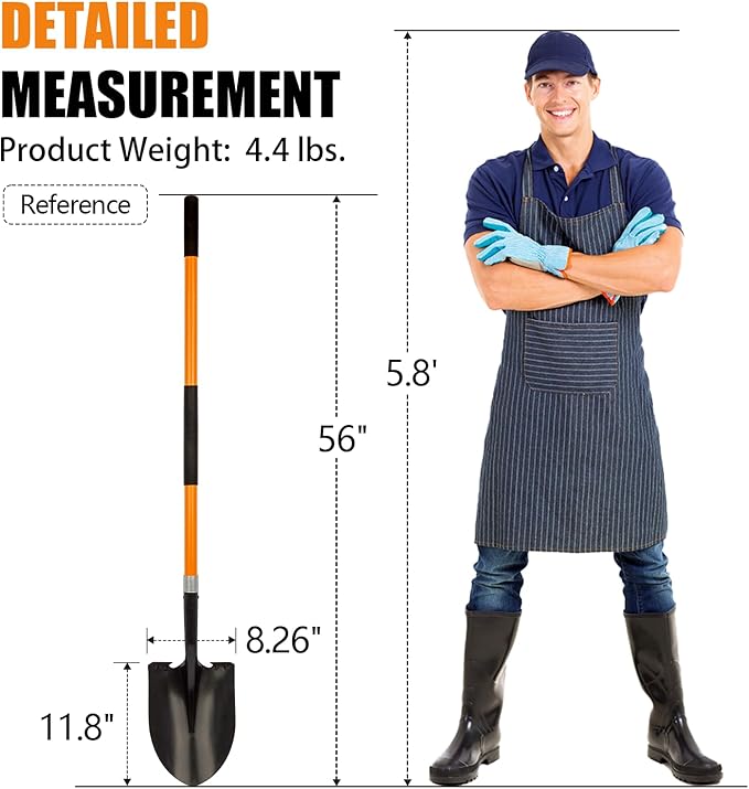 Heavy Duty Gardening Shovel, 56 Inch Round Blade with Fiberglass Handle (Orange)