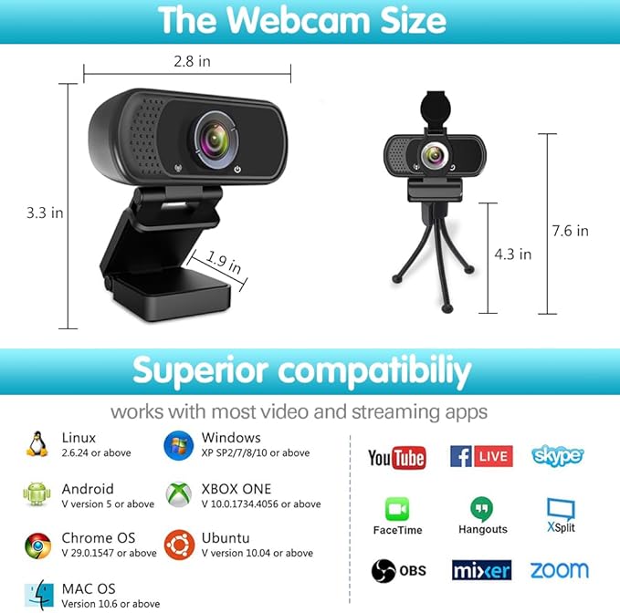 Webcam HD 1080p ,Live Streaming HD Camera with Stereo Microphone, PC Desktop or Laptop USB Webcam with 110 Degree View Angle, for Switch 2,Video Calling, Recording, Conferencing, Streaming, Gaming