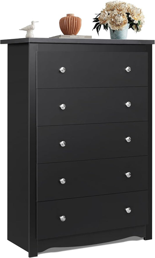 WLIVE Wood Dresser with 5 Drawers, Black Wooden Storage Cabinet, Organizer Drawers for Bedroom, Living Room, Hallway, Measuring 15.75" W * 31.50" D * 45.35" H ﻿