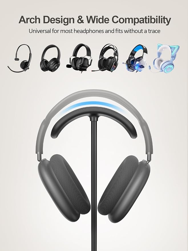 TopMade 5 in 1 Headphone Stand for Desk with Wireless Charger & USB Charging for iPhone/AirPods/iWatch, Universal Desktop Gaming Headset Holder for Airpods Max, Bose, Beats, Razer and More, Black