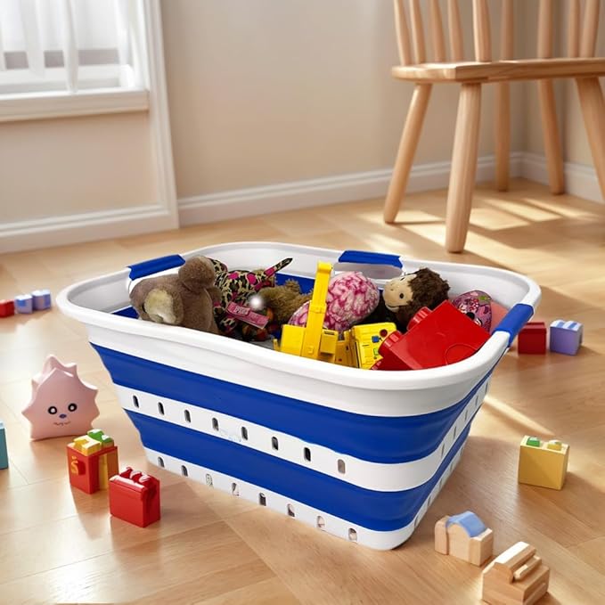 SAMMART 42L (11 gallons) Set of 2 Plastic Foldable Storage Basket/Container - Collapsible, Space Saving and Portable Laundry Hamper, Ideal for Home, Travel, Dorm (2, White/Dark Blue)