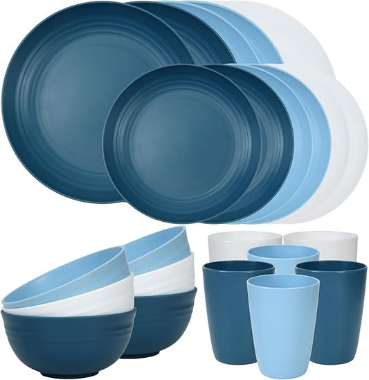 Quatish 24 Piece Plates and Bowls Sets for 6, Unbreakable Dinnerware Sets, Plastic Dish Set for Camping, Dishwasher Microwave Safe, Outdoor Kitchen and Apartment Dinning RV Essentials, Blue