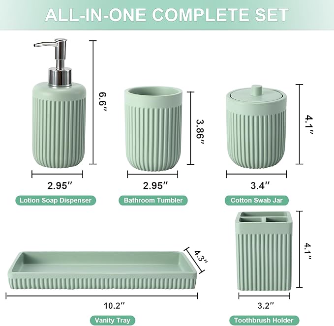 Resin Light Green Bathroom Accessories Set 5 Pcs, Lotion Soap Dispenser, Toothbrush Holder, Bathroom Tumbler, Qtip Holder and Vanity Tray, Bathroom Countertop Organizer Set for Modern Apartment