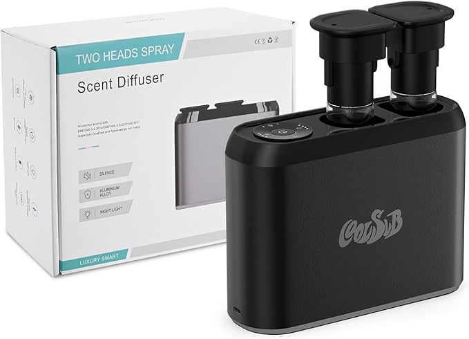 Smart Aroma Diffuser, Dual-Nozzle Waterless Essential Oil Diffuser with Cool Mist, Super Silent Aromatherapy Essential Oil Diffuser Battery Operated for Car, Home, Office Black