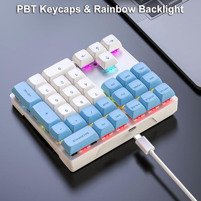 Mechanical Numpad Rainbow Backlit Smooth Red Switches Wired USB Number Pad 33-Key NKRO Numeric Keypad with XDA PBT Keycaps External Keyboard Num Pad for Laptop, Mac - White Blue