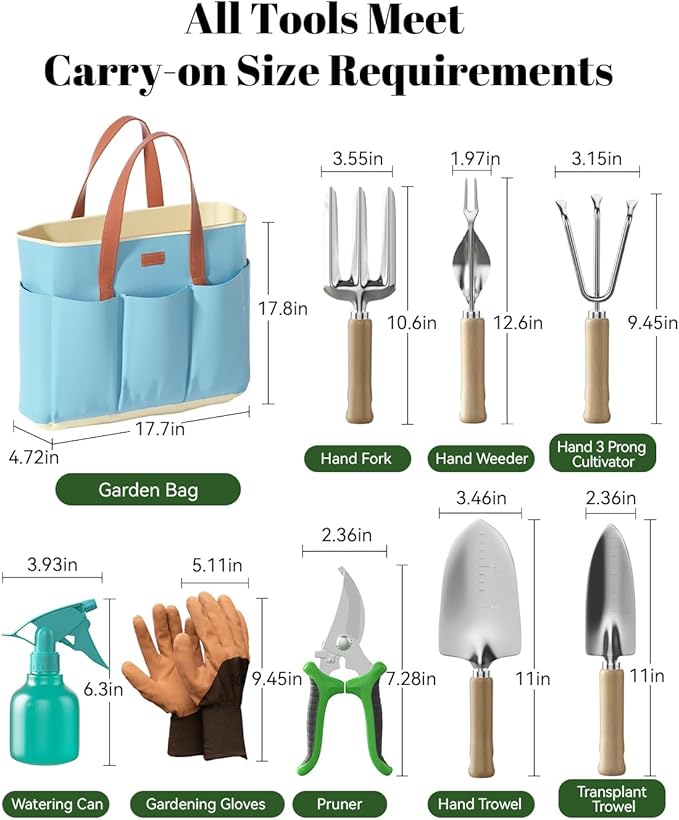 VerdantVibes 9-Piece Garden Tool Set - Heavy Duty Gardening Hand Tools with Ergonomic Non-Slip Grips, Rust-Resistant Shovel, Trowel, Rake, Pruner & Storage Bag - Ideal Gardening Gifts for Women