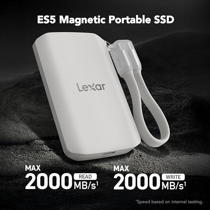 Lexar 2TB ES5 Magnetic External SSD, Up to 2000MB/s, Compatible w/MagSafe, USB-C Smartphones, iPhone 15/16 or Above, PC, Mac, Supports Apple ProRes & Samsung Pro Video, Silver (LES5XXX002T-RNWNU)