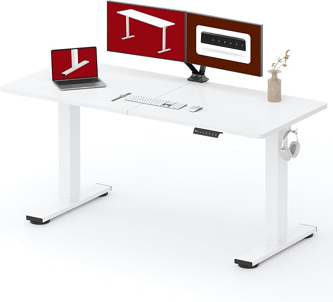 SANODESK Standing Desk Height Adjustable Electric Stand up Desk 63x24 Inches Sit Stand Home Office with Splice Board, White Frame/White Top