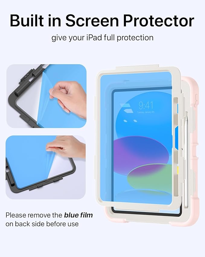 for iPad(A16) 11 inch 2025 case/10.9 inch iPad 10th Generation Case, Heavty Duty Shockproof Full Protective Case with Screen Protector and Rotatable Hand Strap, Shoulder Strap (Light Pink)