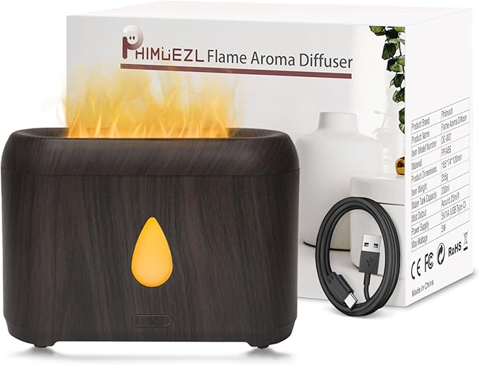 Flame Diffuser for Essential Oils, 200ml Ultrasonic Aroma Diffusers with Cool Mist, Aromatherapy Diffuser with Auto-Off Protection (Dark Wooden Grain, Unscented)